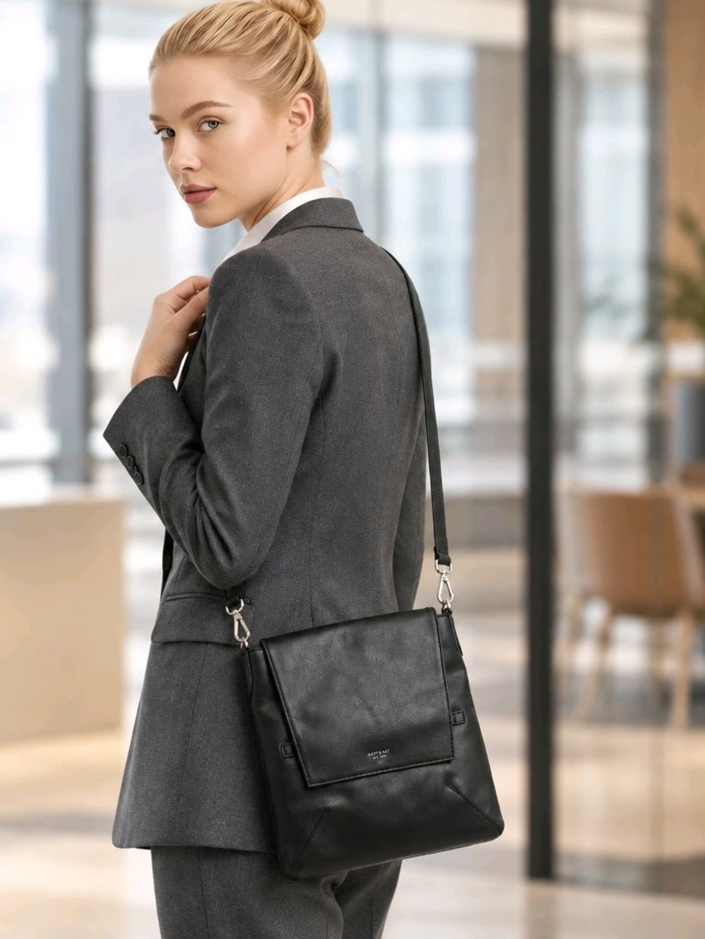 Matt & Nat Black Vegan Leather Messenger Crossbody Bag